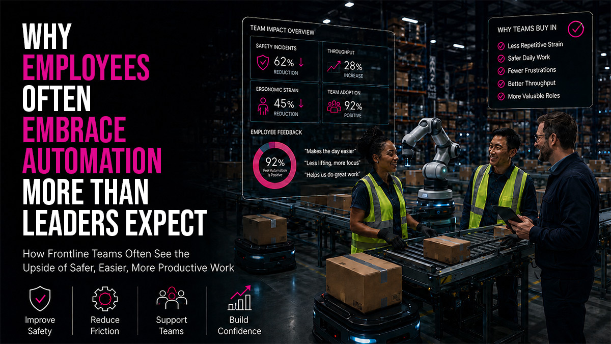 Employees in an automated warehouse work together with automation systems