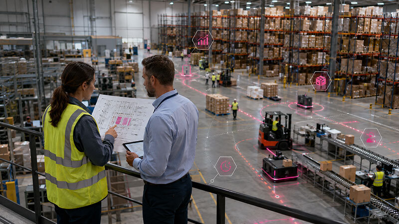 Two employees evaluate adding automation to their warehouse operations.