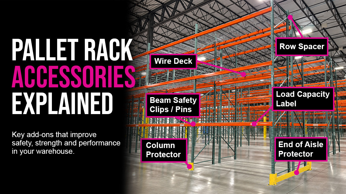 Pallet rack bay in a warehouse with accessories labeled