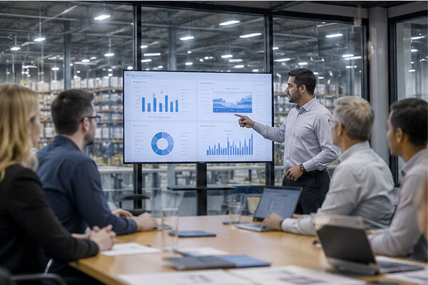 Warehouse employee give a presentation to leadership