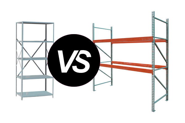 Section of industrial shelving and of pallet rack with VS logo in between
