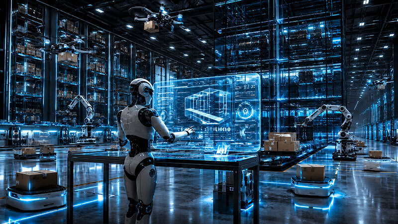 Futuristic looking warehouse interior with robots controlling operations