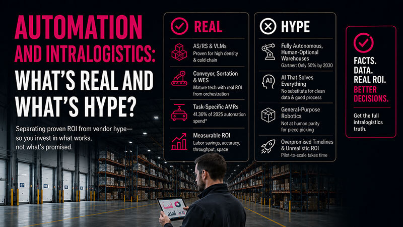 Warehouse employee checks a tablet while a chart above gives examples of automation reality vs hype