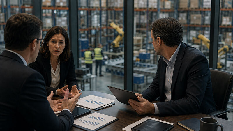 C-suite employee checks out office windows on warehouse workers